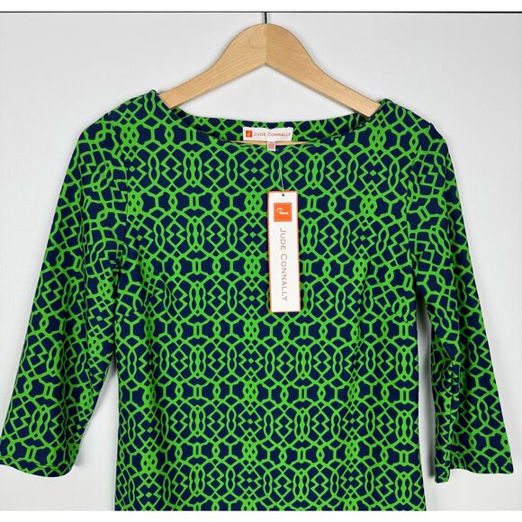 Jude Connally Women's Medium Marlowe Lattice Geo Navy Green Dress Stretch - Picture 3 of 7